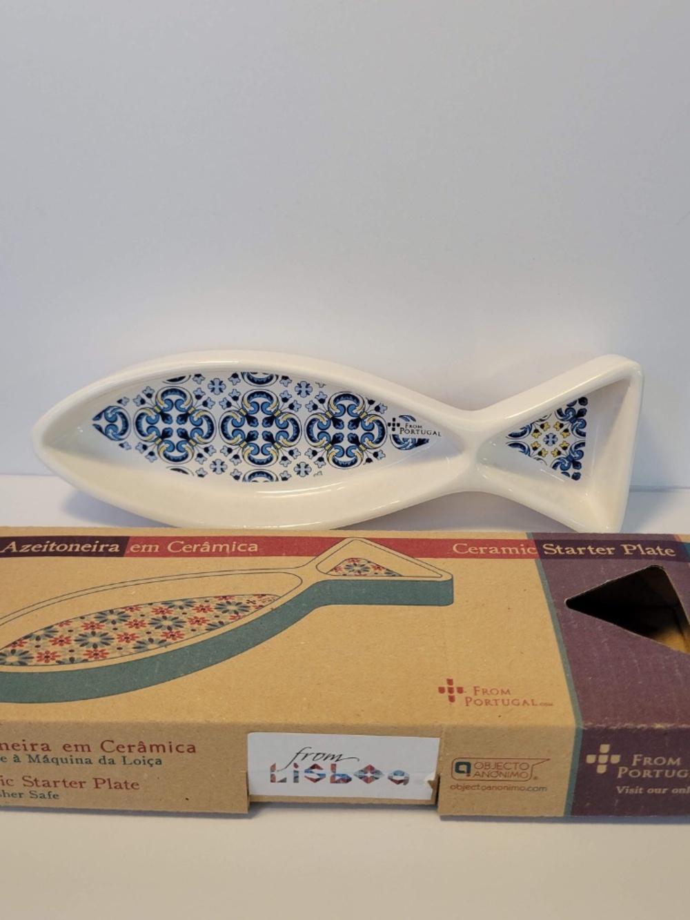 Ceramic Snack Dish Olive Appetizer Plate Fish Shaped Portugal New Open Box
